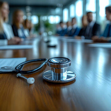 Medical Business Meeting Photo: Stethoscope on Table with Business People in Background