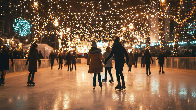 People ice skating under a canopy of glowing holiday lights, creating a magical winter scene in an outdoor rink.