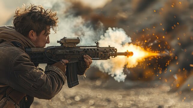 A soldier lying down shoots a machine gun. A military man makes shots from a machine gun