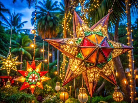 Vibrant Christmas decorations adorn a traditional Filipino parol, a star-shaped lantern, amidst lush greenery and