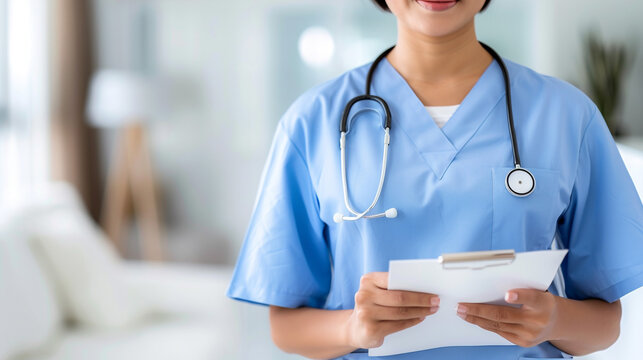 An image of a cheerful female doctor at a hospital office, dressed in scrubs and holding a stethoscope