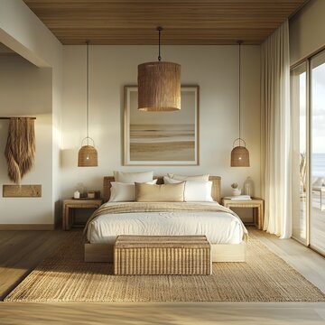 Spacious modern coastal bedroom with minimalistic design