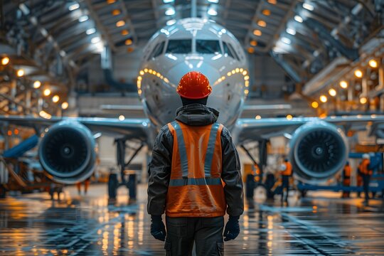 Aircraft engineer walking towards airplane.