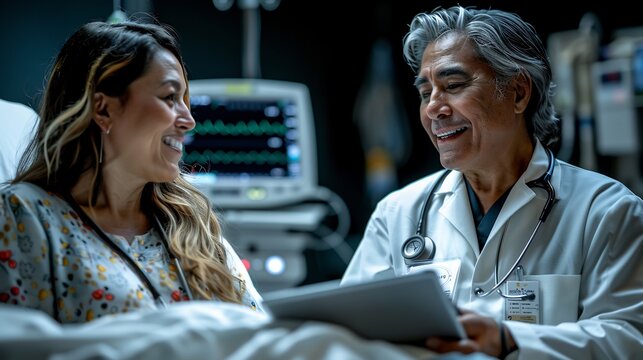 Medical professional consulting with a patient in a hospital room reviewing charts on a tablet