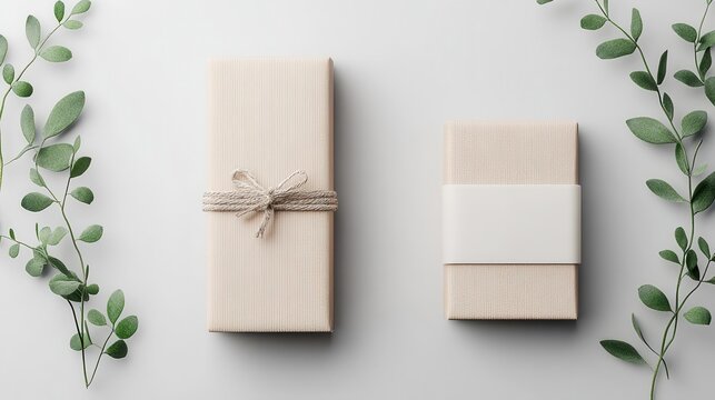 Elegant gift boxes wrapped in neutral tones, surrounded by green foliage. Perfect for holiday, birthday, or wedding celebrations.