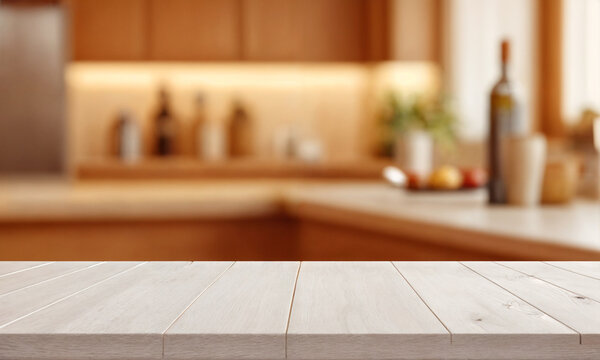 Empty wooden table in front of blurred cafe bar or restaurant. Abstract lights bokeh background, front view, free space for your product.