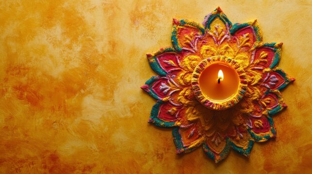 Single diya with a simple yet elegant rangoli design in colored powders, on a warm yellow surface, copy space, happy Diwali background, traditional, Indian festival. 