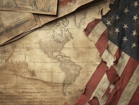 American flag overlaid on a background of vintage maps and documents, historical theme,