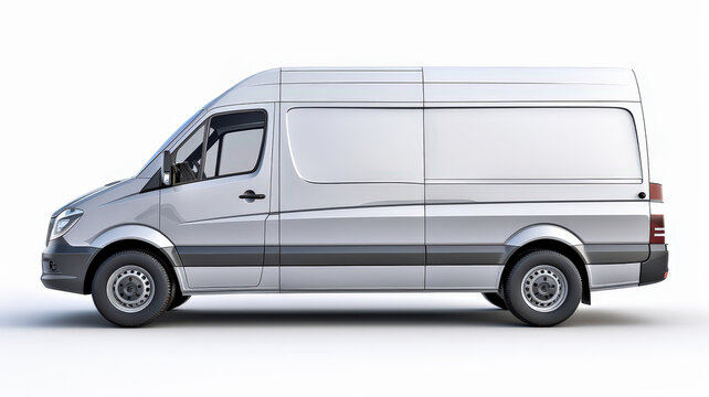 Side view of a modern gray cargo van designed for transportation and delivery services, featuring a spacious and practical layout.