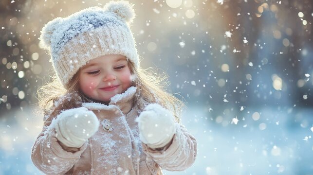 Happy child playing with snow in park composition background