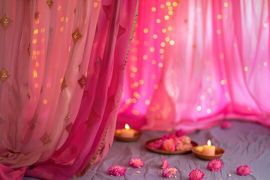 Pink Diwali decorations with copy space. Colorful curtains, candles and flowers create festive atmosphere. Background for greeting card, wallpaper or banner. Concept of indian festival celebration