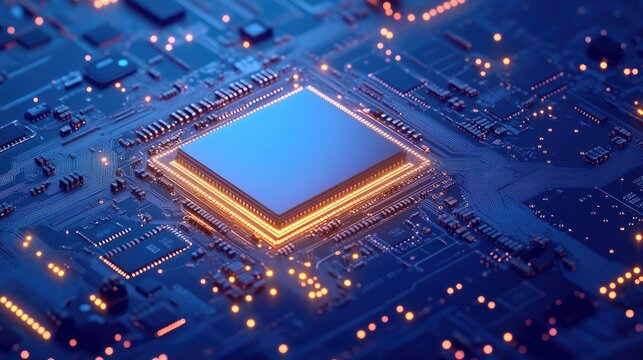 Close-up of a glowing AI chip embedded on a sleek light circuit board. Blue technology background emphasizes the power of modern processors and semiconductors.