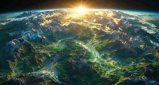 The sun illuminates East Asia from space, with a physical map highlighting the Himalayas, India, and China.