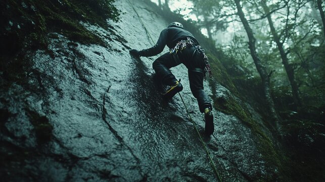 A person climbing a steep rock face symbolizing overcoming challenges and personal development through determination and effort Large space for text in center Stock Photo with copy space