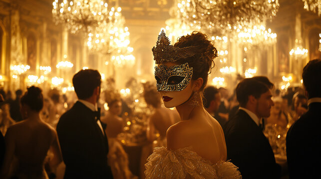 A luxurious masquerade ball featuring elegant guests in formal attire and intricate masks, set in a grand chandelier-lit ballroom.