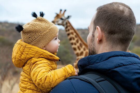 Father showing his daughter the giraffes, holding her up to get a better view, stock photo style