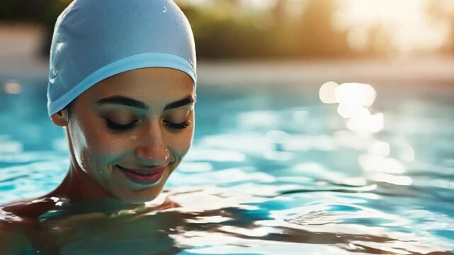 Enjoying a peaceful moment in the water at sunset with a serene expression while swimming in a pool