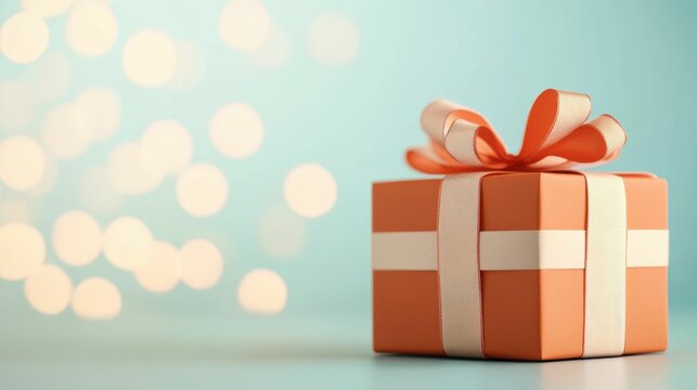 A vibrant orange gift box wrapped with a ribbon sits against a pastel background with soft bokeh lights, creating a festive atmosphere.