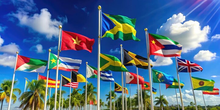 Vibrant Caribbean Flags Waving Against Clear Blue Sky Representing Diverse Cultures and Nations