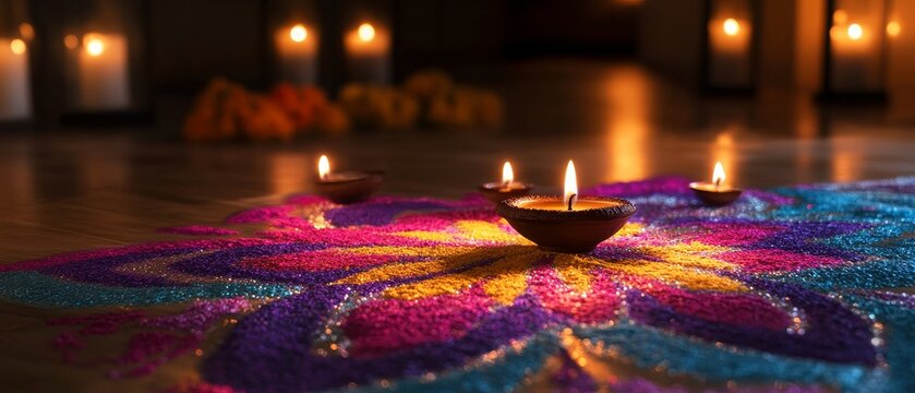 Illuminate the festive spirit of Diwali with vibrant colors, glowing diyas, and intricate rangoli designs, capturing the warmth and joy of the Festival of Lights 