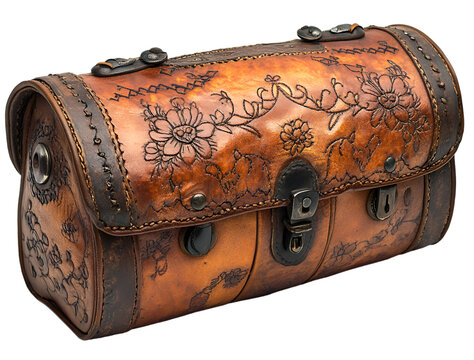 a brown leather bag with a decorative design
