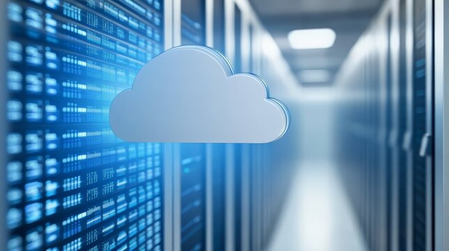 Cloud computing symbol, a single cloud hovers in server room filled with technology