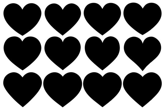 12 black heart shape vector set  silhouette