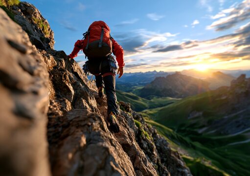 A realistic photo of an explorer climbing at dawn, with the sunrise casting a golden hue over the landscape 