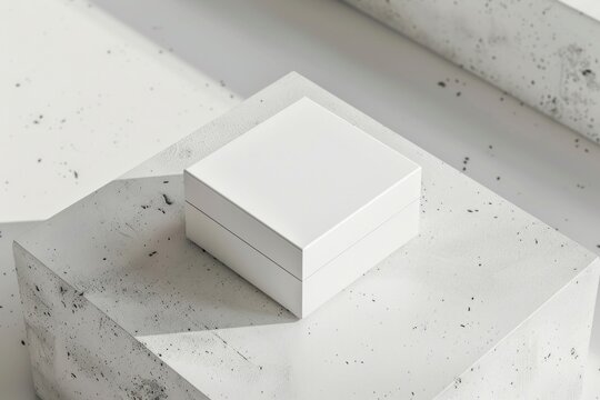 White closed jewelry box mockup windowsill furniture tabletop.