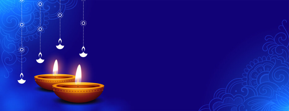 glowing diya diwali greeting blue wallpaper with text space