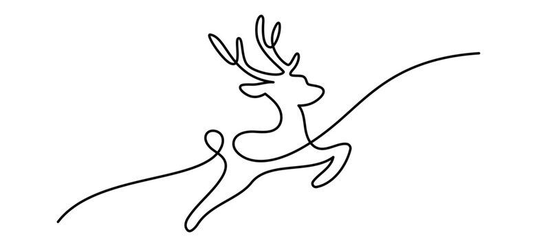 One continuous line drawing of christmas reindeer. Wild animal deer with antlers is dynamic silhouette in simple linear style. Elegance logo editable stroke. Doodle vector illustration