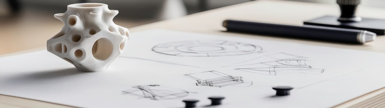 fashion editorial of Close-up of a 3D printed prototype model alongside CAD drawings on a white table, giving a glimpse into the design and engineering process