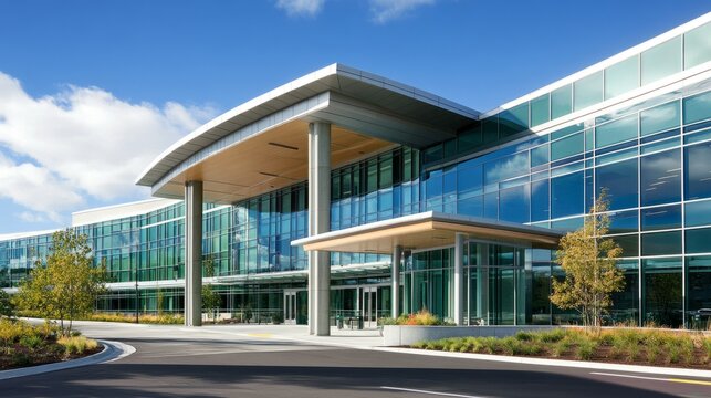 Exterior view of a contemporary hospital building, featuring large glass windows, sleek lines, and innovative architecture