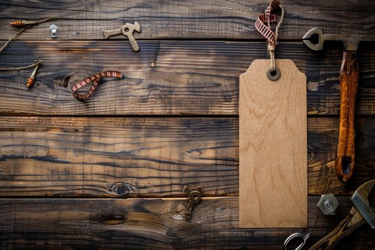 Happy Fathers Day gift tag with top border of tools and ties on a rustic wood background