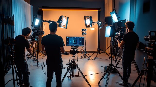 A small business video production studio with a team setting up cameras and lighting, professional atmosphere with high-end equipment