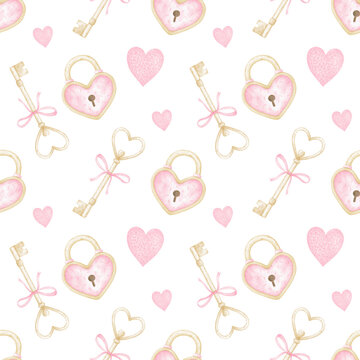 locks, keys, hearts. Watercolor seamless pattern on white background in pastel colors for textile and wrapping paper. Cute illustration for Valentine's Day