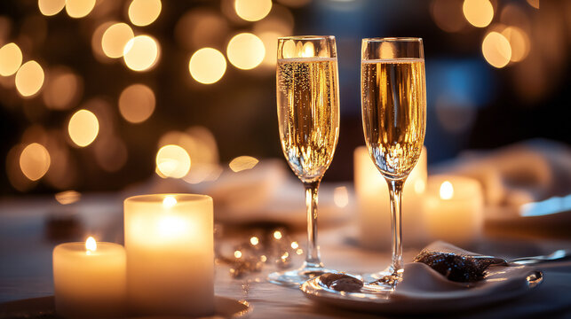 Two champagne flutes on a beautifully set dinner table, illuminated by soft candlelight, creating a warm, festive ambiance.