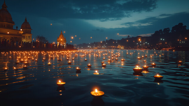 Kartik Purnima atmosphere on the banks of River Ganga, thousands of diyas lamps floating on the water, people praying while lighting candles and releasing them into the river, Ai generated images