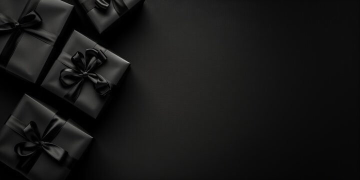 Black Friday banner with black gift boxes. Black Friday background with space for text. Generative AI.