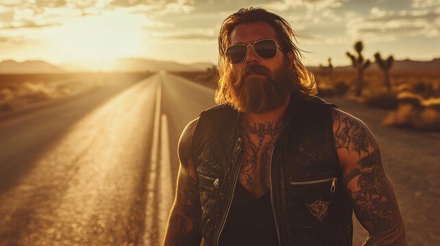 A rugged bearded biker wearing sunglasses and a leather vest stands confidently on an open desert road, bathed in golden sunset light.