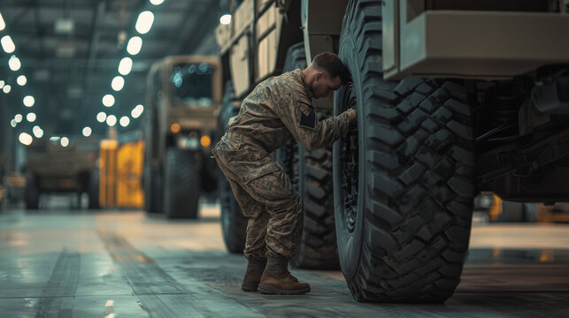 Army mechanic repairing a transport vehicle in a maintenance garage photo