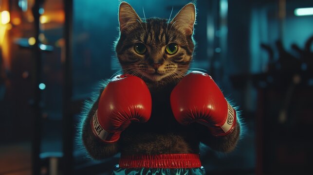 photo of the cat in T-shirt and boxing shorts and boxing gloves in the gym dark coulor with light from upstairs 