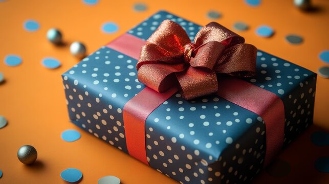 Gift wrapping paper mockup featuring a stylish blue box with polka dots and red bow. Perfect for festive stock photos and branding projects on isolated backgrounds.. Generative AI