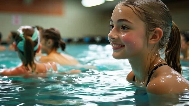 This Girls are splashing and practicing swimming skills in a warm indoor pool.