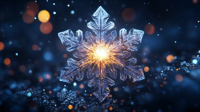 A close-up of a beautifully detailed frosted snowflake, showcasing its delicate structure against a dark, cold winter backdrop.