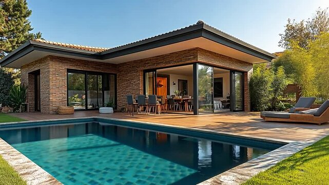 This contemporary home features a spacious pool and open living area surrounded by greenery.