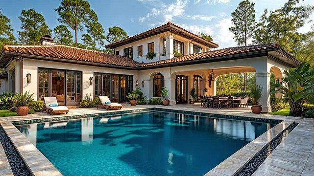 This serene pool reflects sunlight, surrounded by comfortable loungers and a beautiful garden.