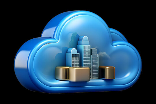 Glossy Cloud Icon Cityscape Blue Background Cloud Computing Smart Cities Global Connectivity Generous Copy Space Messaging Photo Stock Concept