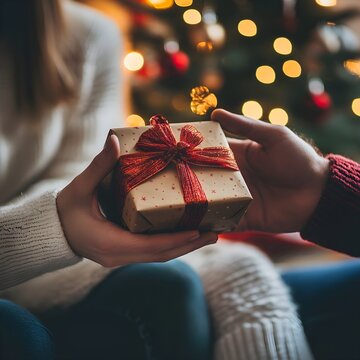 a close up photo of the couple in the modern living room. Warm festive Christmas vibe, Christmas tree and man is giving gift to woman