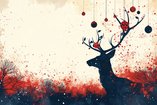 Retro style illustration. Silhouette deer's head wearing Christmas light garlands, decorated for New Year. Wild animal concept for vintage design Xmas greeting card wallpaper banner poster